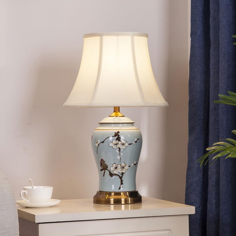 SGKOMN American Durable Farmhouse Porcelain Desk Lamps, 21.2‘'Oriental Ceramic Table Lamp, Fabric Lampshade Bedside Nightstand Lamp, For Bedroom Living Room Home Office-A