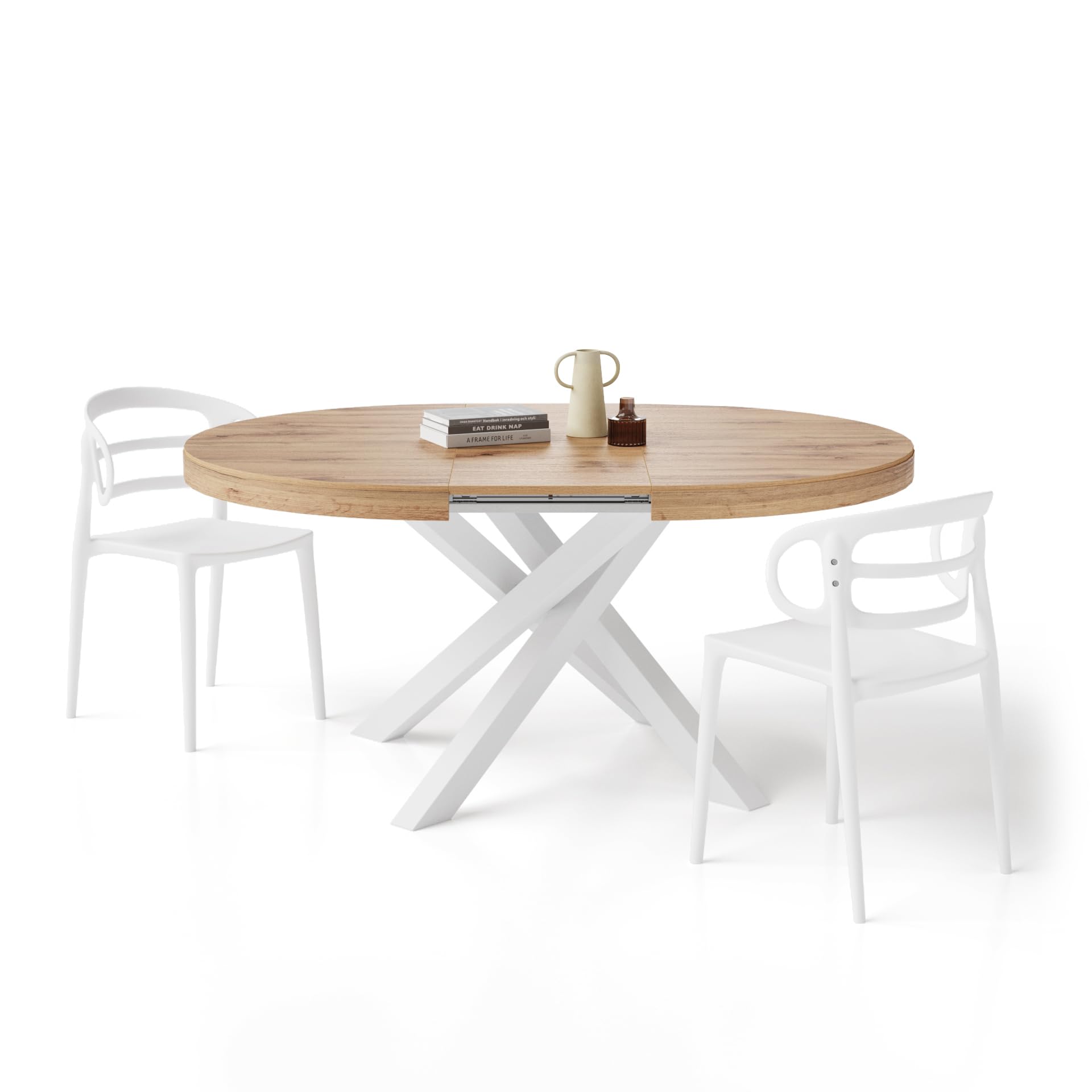 Mobili Fiver, Tavolo Allungabile Rotondo Emma, 120-​160 cm, Rovere Rustico con gambe Incrociate Bianche, per 4-​6 persone, Tavolo Cucina, Soggiorno, Made in Italy