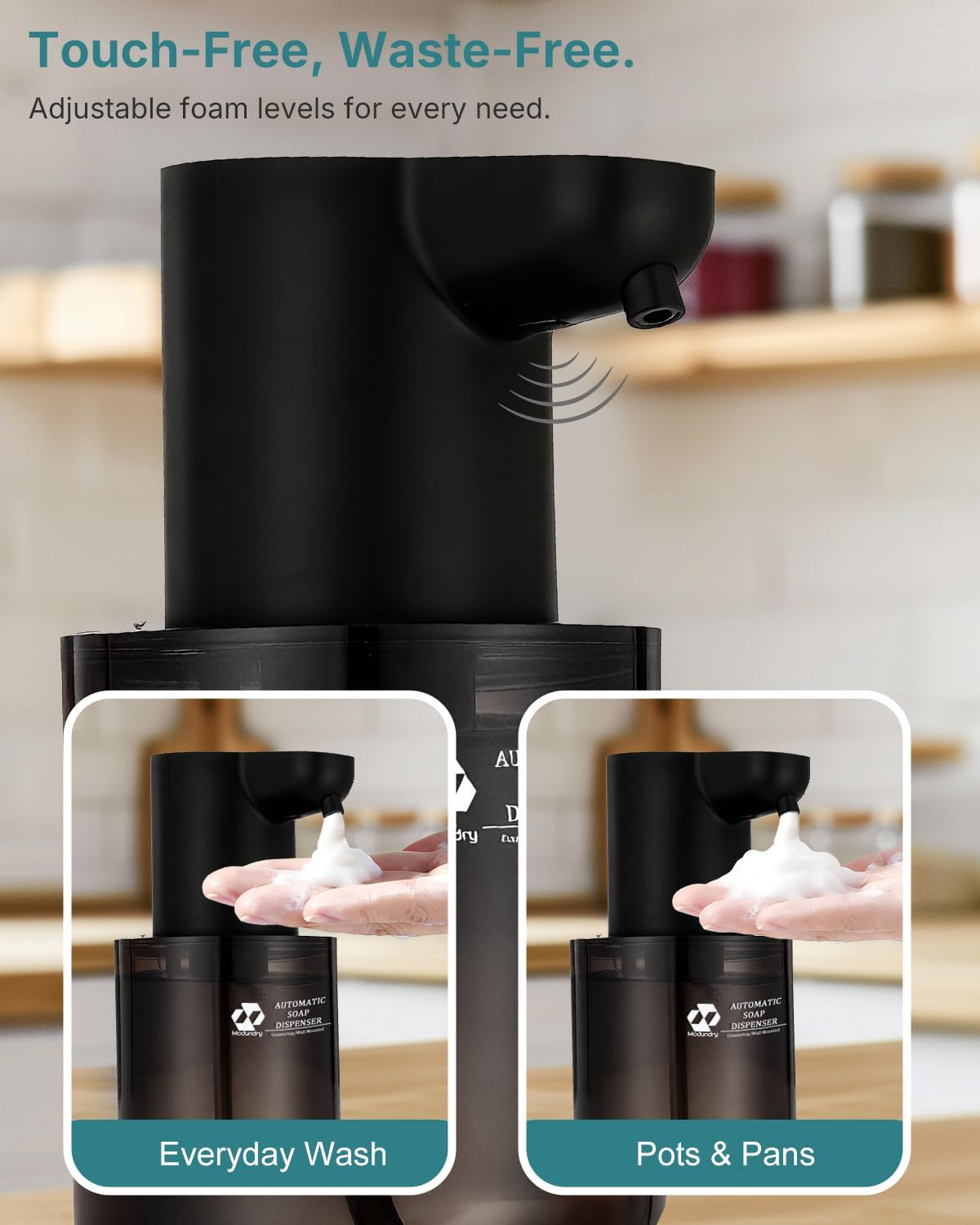 Automatic Foaming Soap Dispenser, 4-Level Touchless Hand Soap Dispenser, USB-C Rechargeable, Wall Mount or Countertop, 13.5oz/400ml, for Bathroom, Kitchen, Office, Hotel, Black