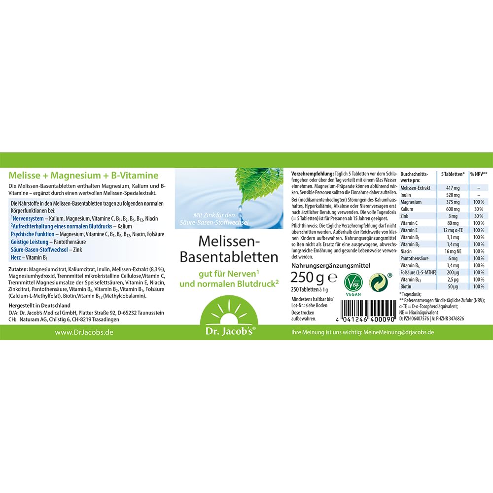 Dr. Jacob’s Melissen-Basentabletten I gut für Nerven & normalen Blutdruck* | Mit Melissenextrakt, Magnesium, Kalium, Zink, Citraten und 10 Vitaminen I für den Säure-Basen-Haushalt I 250 g(250 Tabletten)