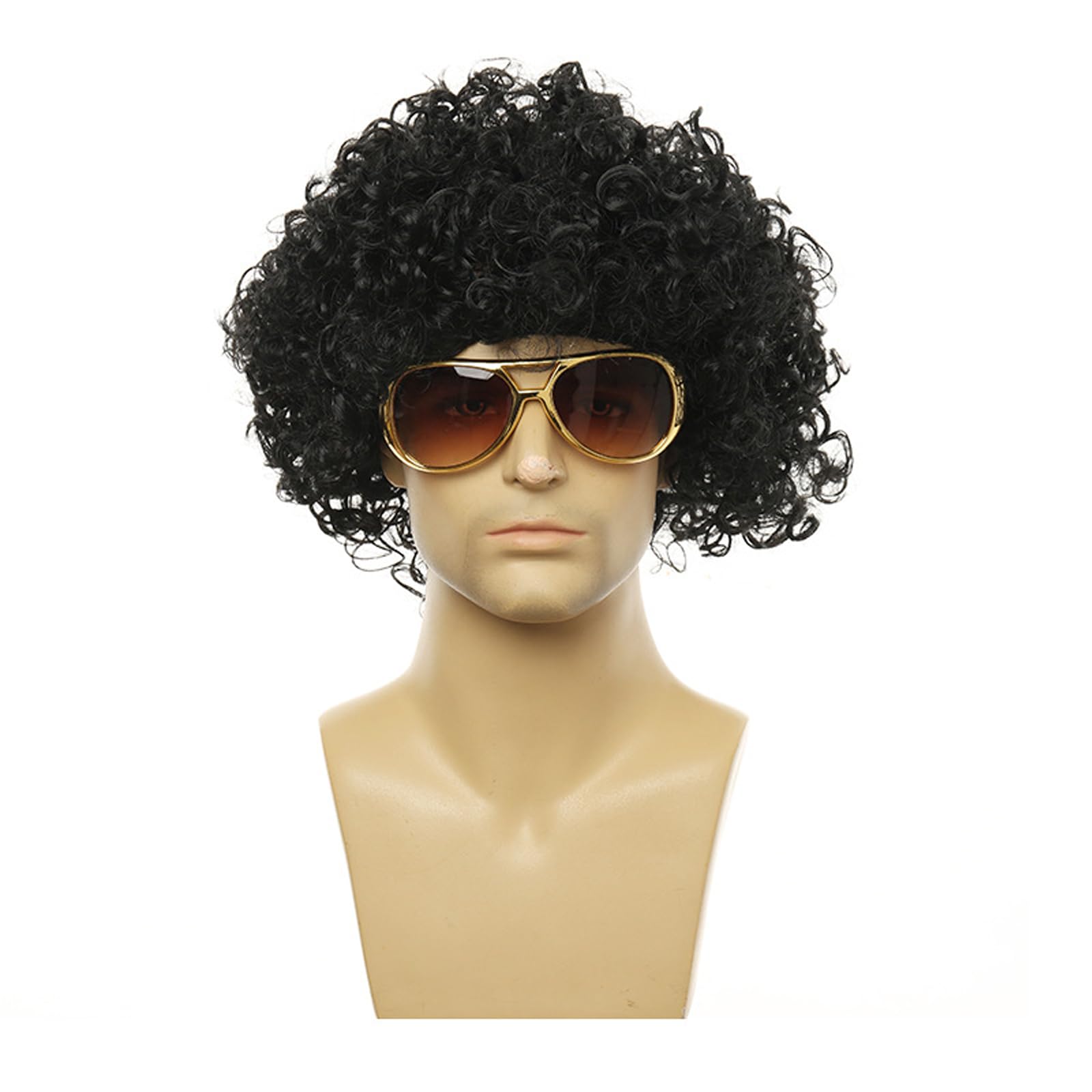 YuanYouTong Short Black Curly Afro Wig, Glueless Afro Kinky Headband Wig for Men Natural Synthetic Hair Wig