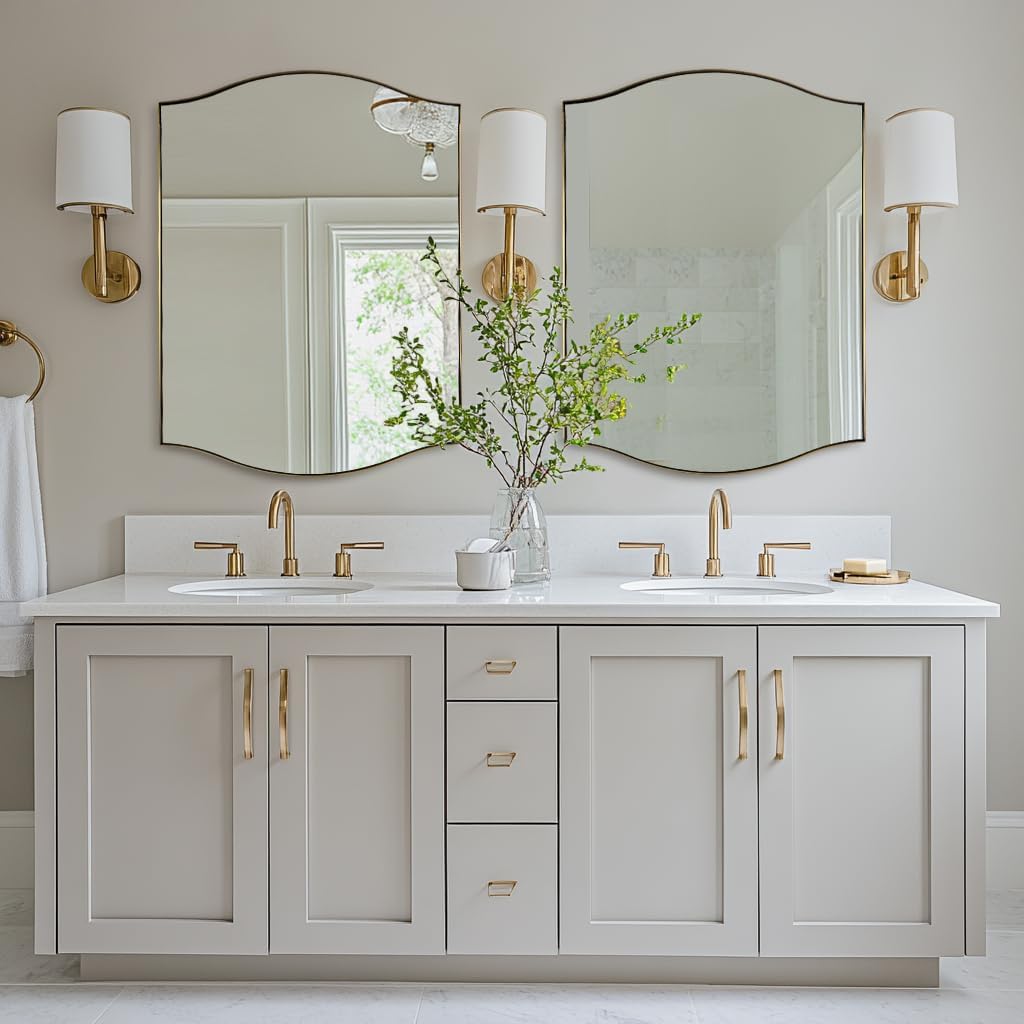ANDY STAR 30"x40" Scalloped Wall Mirror, Brushed Gold Rectangle Bathroom Mirror with Curved Edge Stainless Steel Metal Frame, Large Wall-Mounted Mirror for Bathroom, Entryway (Horizontal/Vertical)