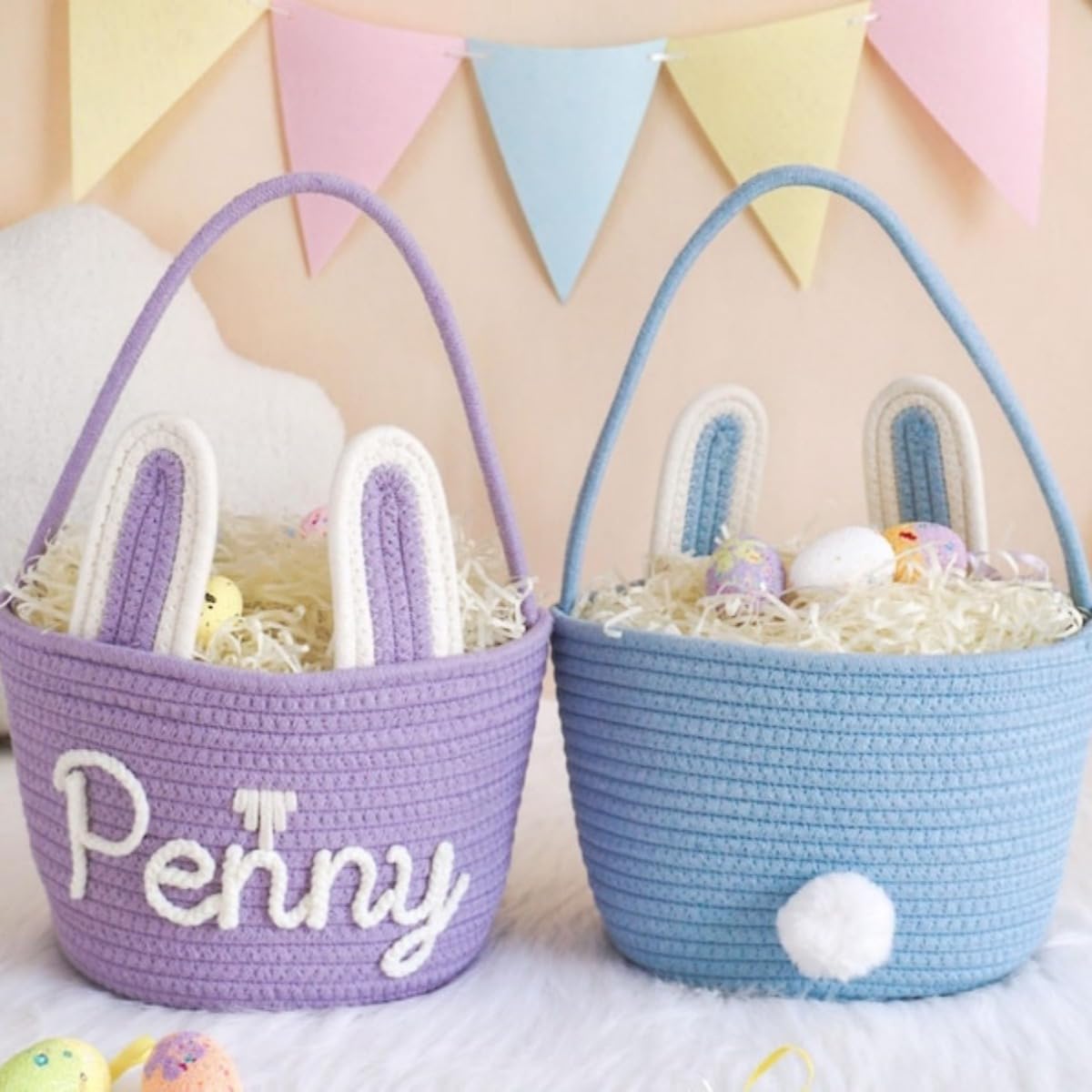 Custom Name Cotton Rope Easter Basket,Custom Name Easter Bunny Basket,Personalized Easter Basket for Kids (Multicolor)