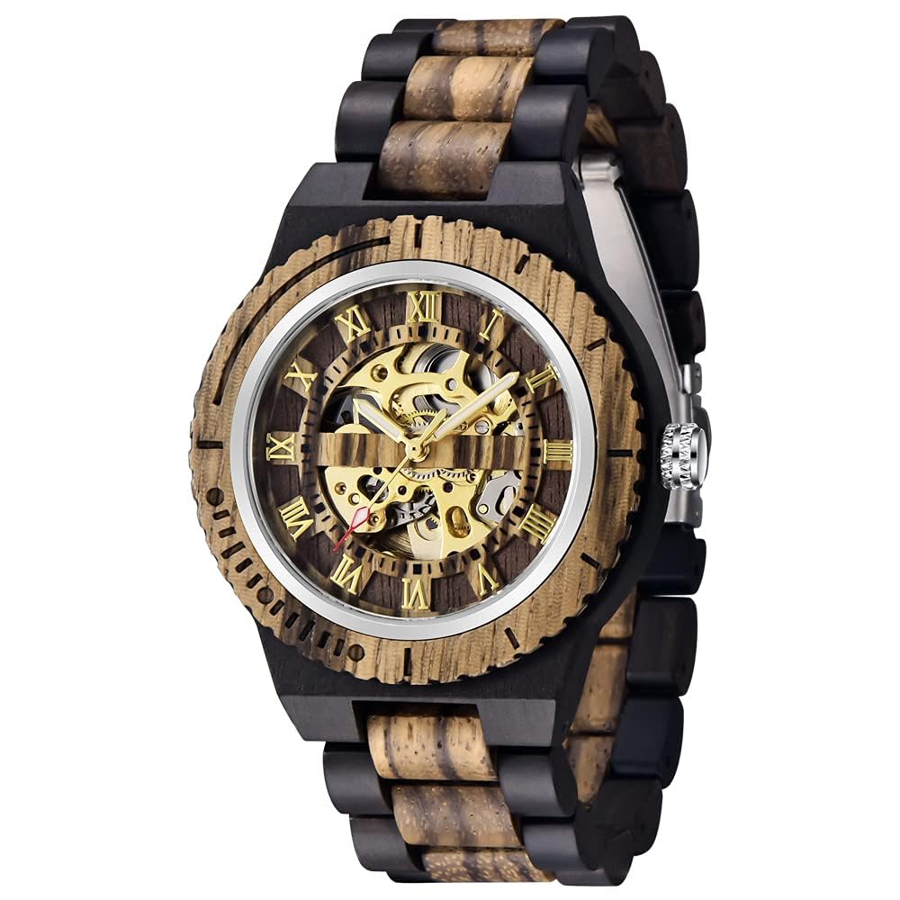 Tiong Herren Holz Mechanische Uhren Skelett Römische Ziffern Automatikaufzug Holzuhr Leichtgewicht für Männer Armbanduhr
