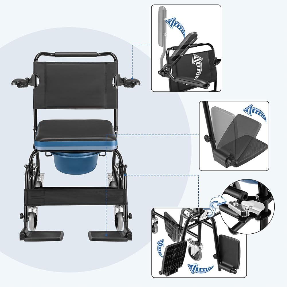 BAKAJI Sedia da doccia per Anziani Comoda con Secchio Rimovibile e Coperchio, Ausilio WC con Braccioli Basculanti, Rialzo Water Resistente, Sedia a Rotelle Persone con Mobilità Ridotta, Max. 110kg
