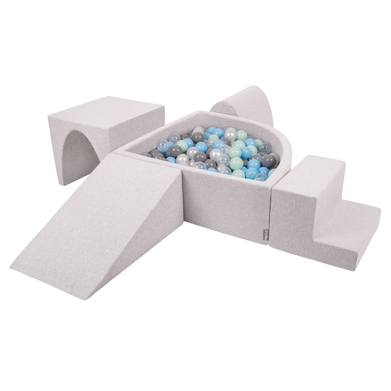 KiddyMoon Foam Playground For Kids With Quarter Angular Ballpit (200 Balls) Obstacle Course, Lightgrey:Pearl/Grey/Transparent/Babyblue/Mint