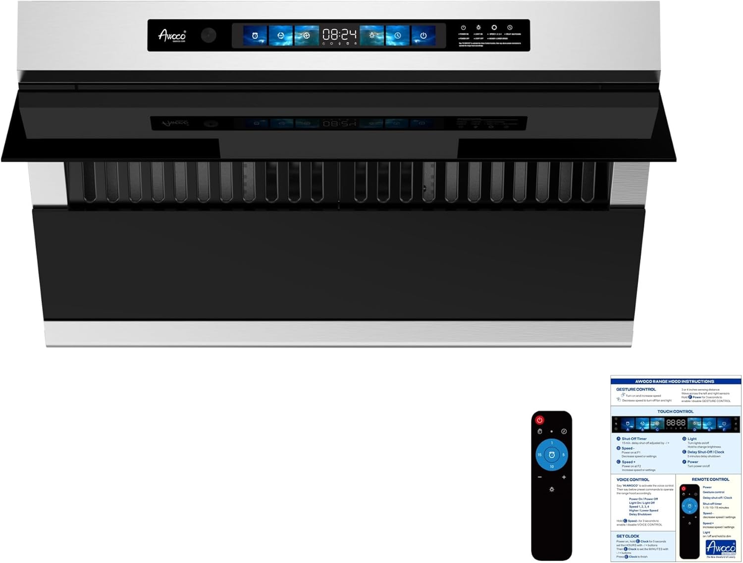 Awoco 30″ Under Cabinet Range Hood, Side-Draft Design, 4 Speeds Exhaust Fan with 800 CFM, Voice, Gesture, Touch & Remote Control, 6″ Vent, Dimmable LED Light Bars