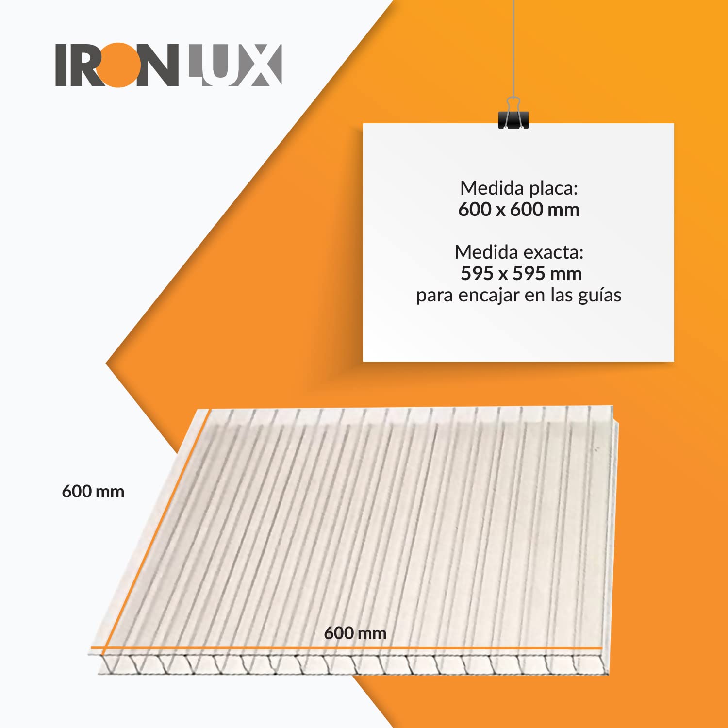 Kit 10 Planchas policarbonato transparente para falso techo 6mm - Medida exacta: 595x595 para encajar en las guías - Protección UV