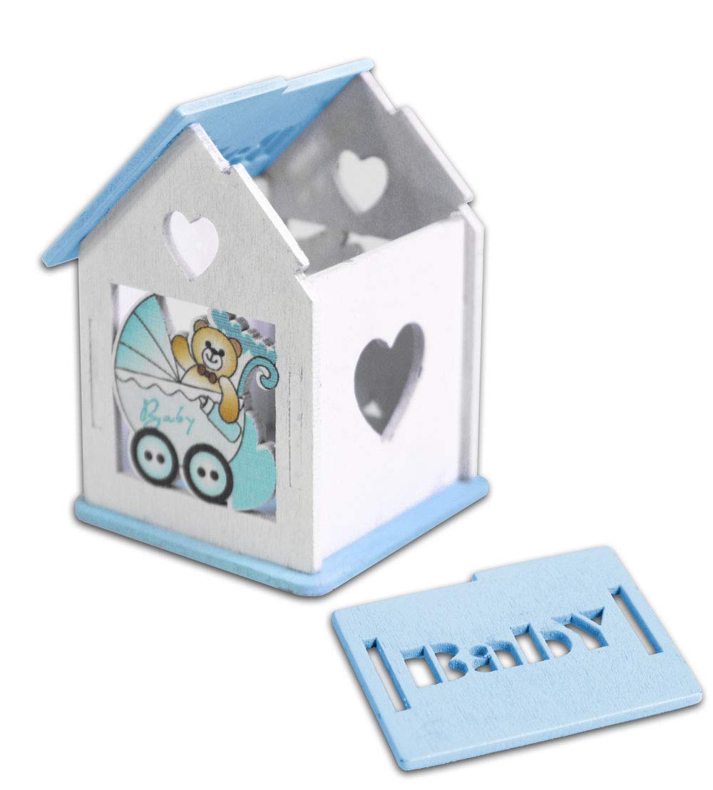 Vetrineinrete® Scatoline portaconfetti 36 Pezzi Forma di casetta con Tetto apribile per Confetti per scatole con Incisione Cuore bomboniere segnaposto in Legno per Nascita Battesimo (Celeste)