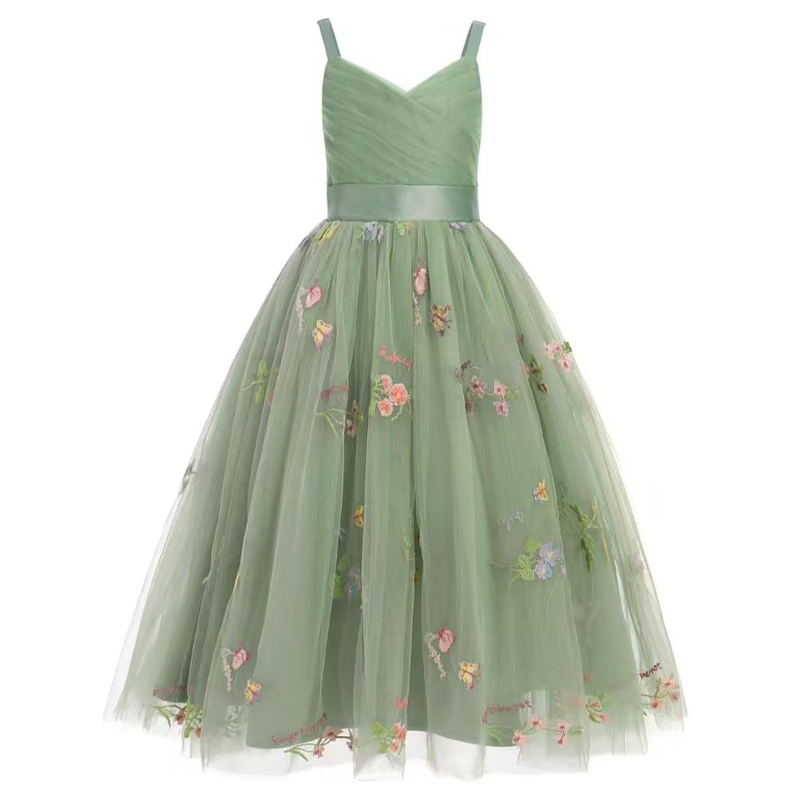 Genérico Vestido de cumpleaños Infantil con Tirantes de Encaje Bordado (3 a 14 años) (Green, 8-10 Years)