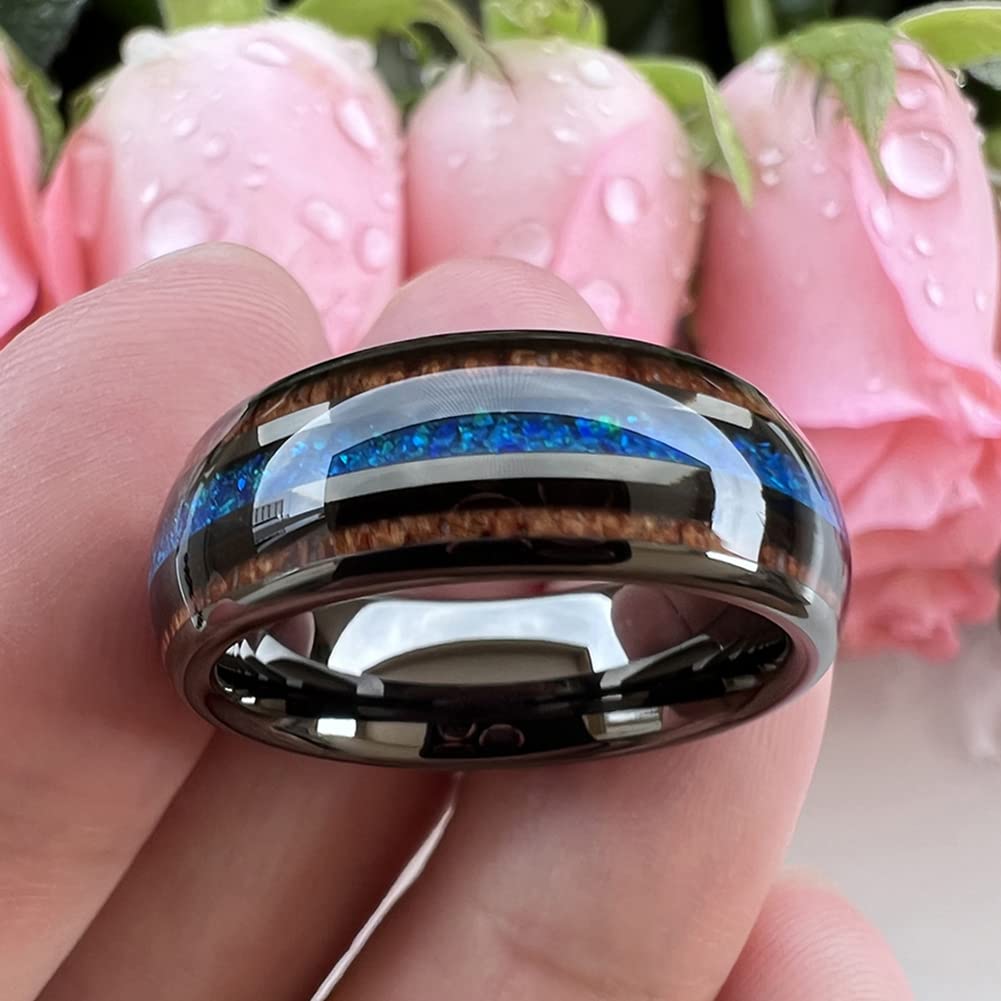 TUTISS Anillos de tungsteno de 8 mm de plata, negro, plomizo, oro rosa, para hombres y mujeres, alianzas de compromiso, alianzas de boda, madera de koa, incrustaciones de ópalo verde, abovedadas