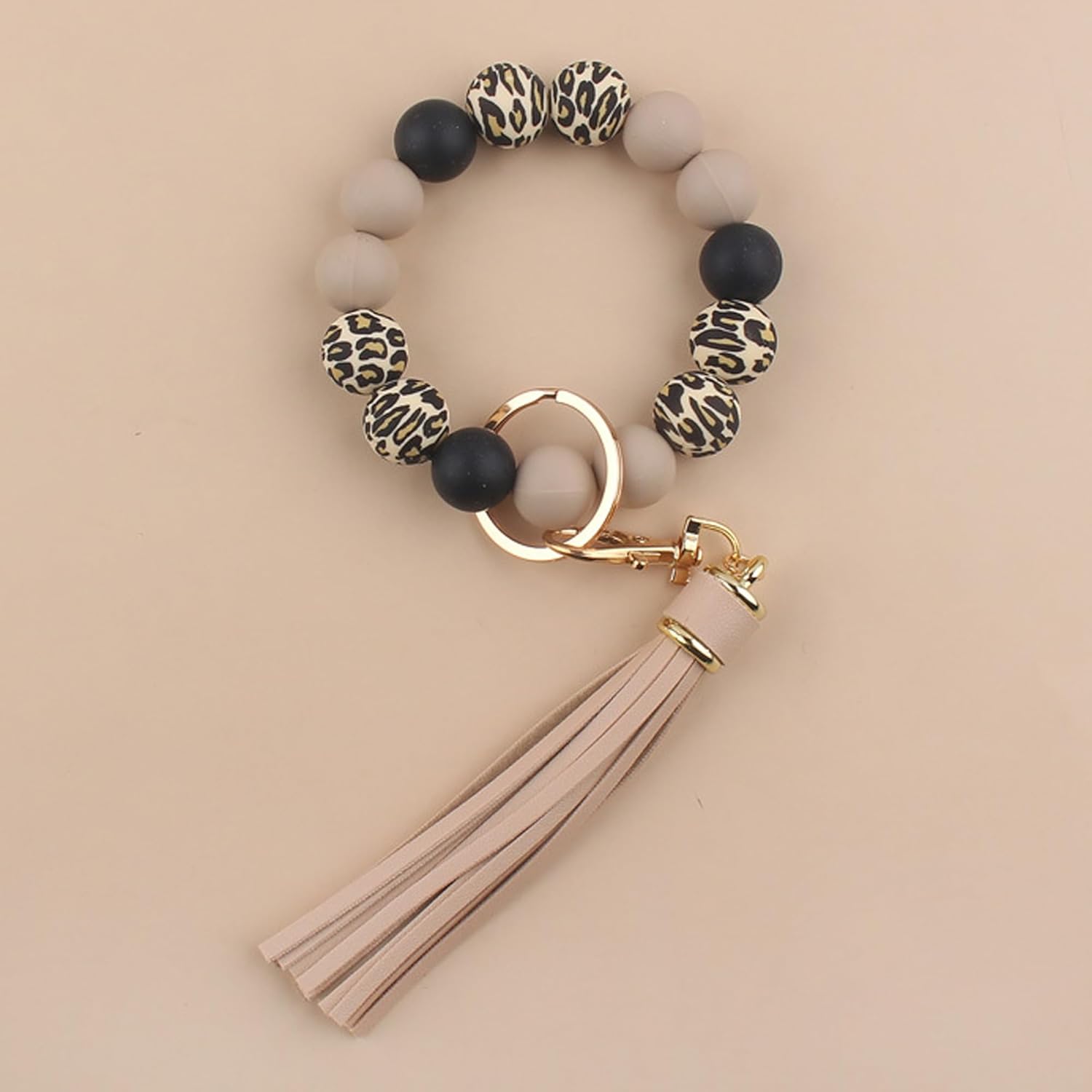 Leopard Silicone Beaded Wristlet Keychain, PU Tassel Bracelet Bangle Beads Car Keyring for Women,Wrist Key Chains - Image 7
