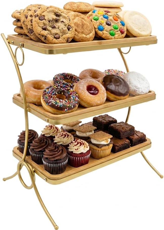 Wooden 3 Tier Serving Stand- Bamboo & Gold Tiered Dessert Tray for Party, Cupcak…