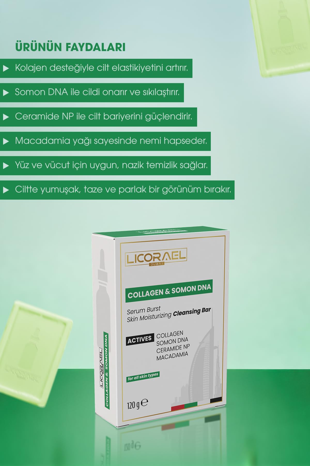 Licorael Dubai,Collagen & Somon DNA Sabunu 120g – Nemlendirici Cilt Bakım Sabunu, Ceramide NP ve Macadamia Yağı İçerikli – Tüm Cilt Tipleri İçin Uygun
