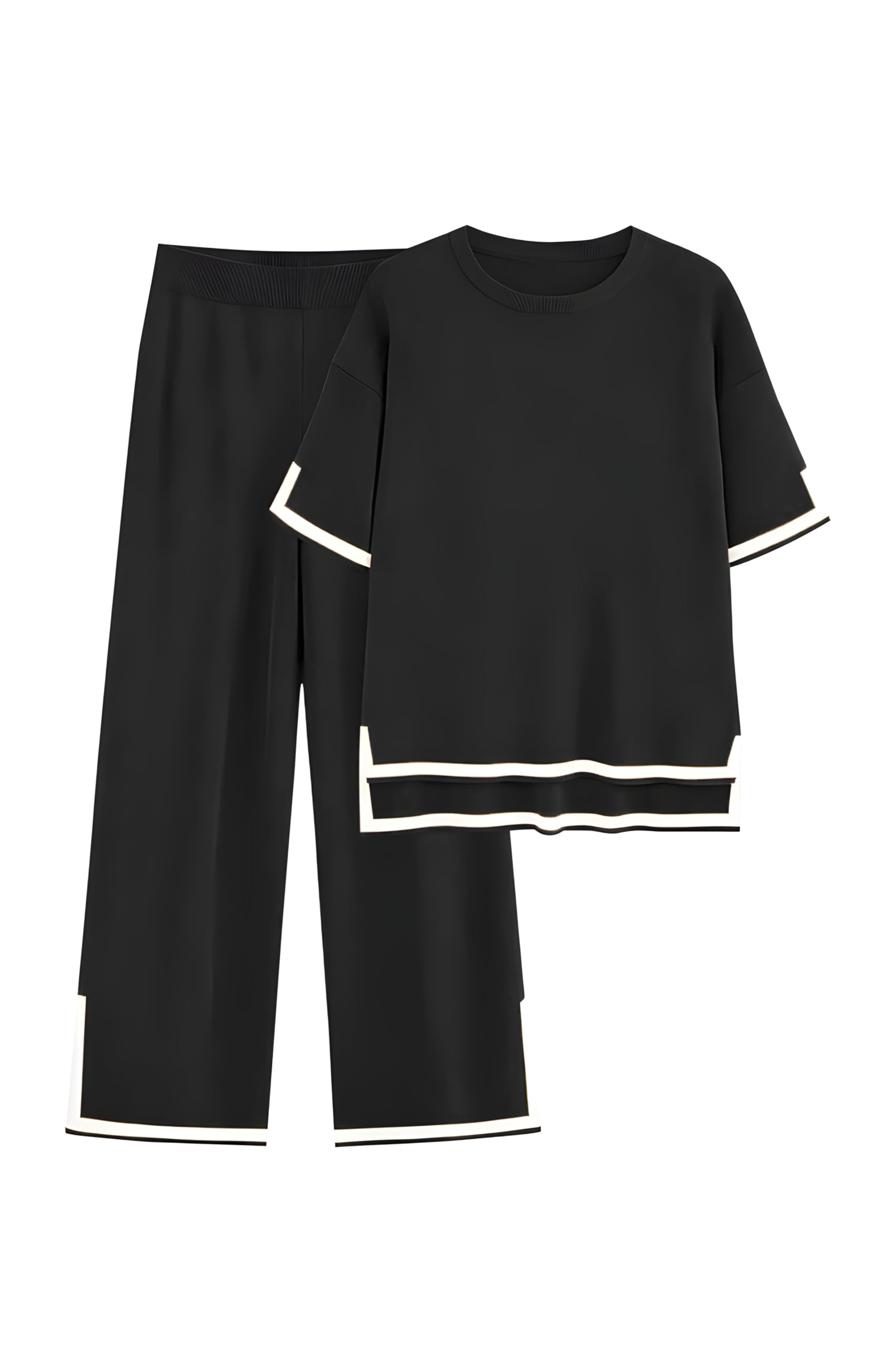 akdyug Women's 2-Piece Knit Sweater Set, Short Sleeve, No Buttons, Elastic Waist, Wide Leg, Lounge Pants-picture-20