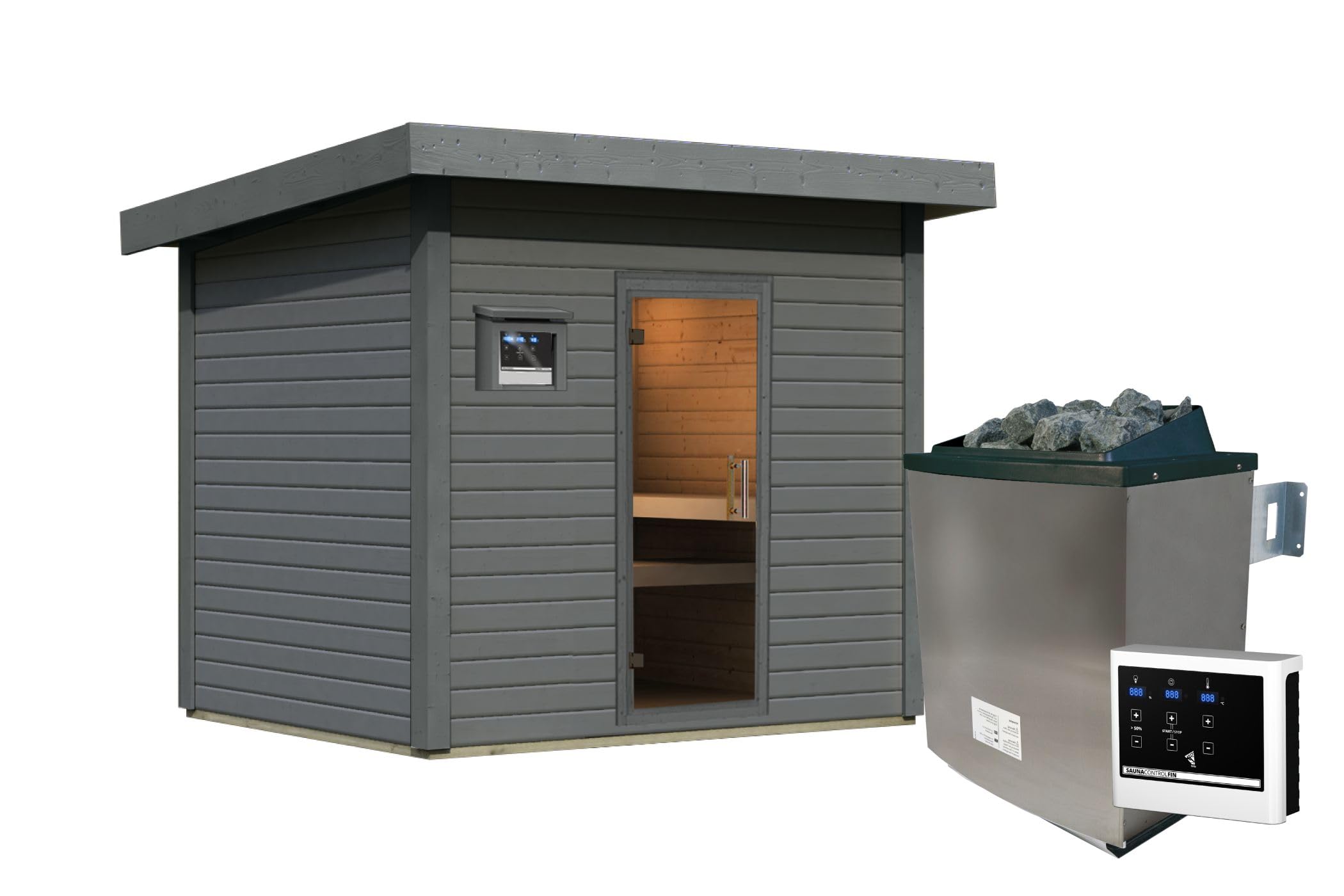 Saunahaus Kaapi 4 Außensaun 38mm Wandstärke in natur oder terragrau mit versch. Saunaöfen (inkl. Ofen 9 kW Bio ext. Strg., naturbelassen)