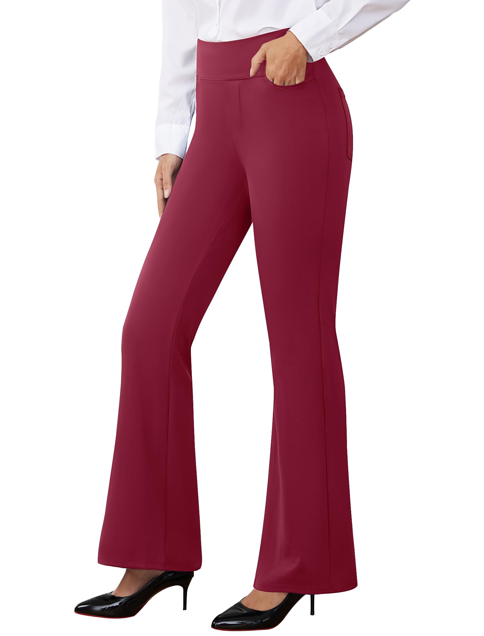 Womens Dress Pants Stretchy Work Pants Business Casual Slacks with 4 Pockets Pull On Office Trousers Wine Red