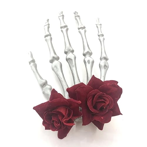 Miniatura 2 de Pinzas para el pelo de hueso de Halloween, horquilla de mano de esqueleto, 2 rosas rojas, flores, accesorios para el cabello para mujeres y niñas,