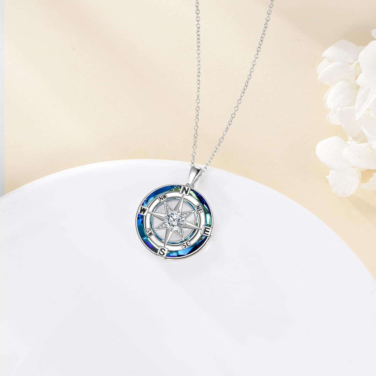 CRMAD Compass Necklace Sterling Silver Moissanite Pendant Blue Crystal Jewelry Birthstone Anniversary Graduation Gifts for Women Men - Image 2
