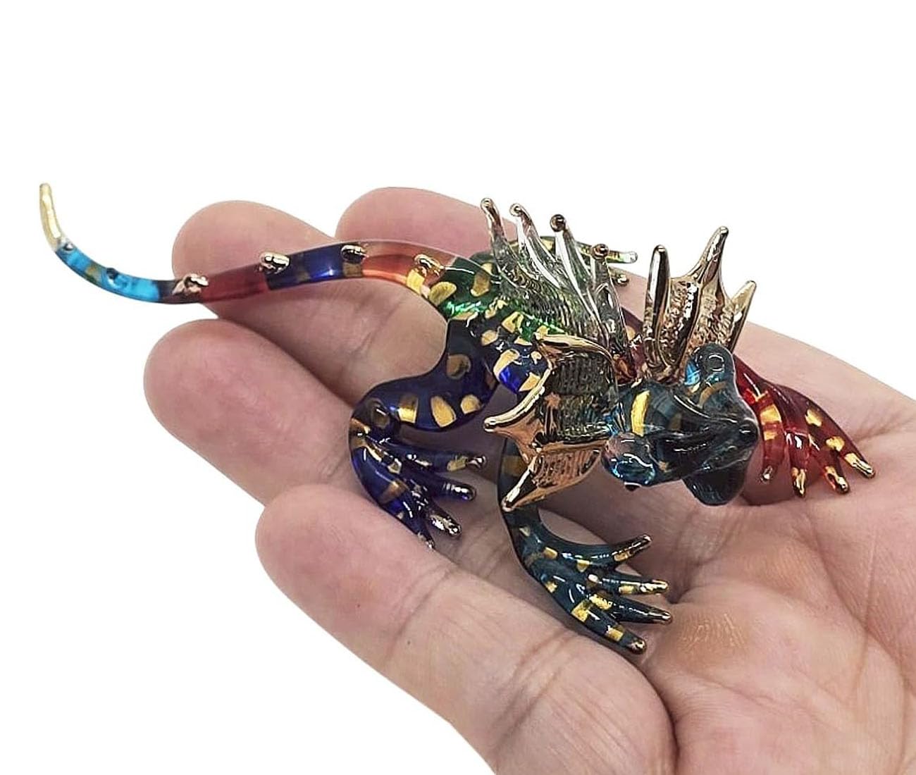 Tiny 2¼" Multicolor Frilled Lizard Agama Chameleon Reptile - Miniature Hand Blown Glass Animals Cute Colorful Small Crystal Decorative Figure Collectible Figurines Décor Gifts