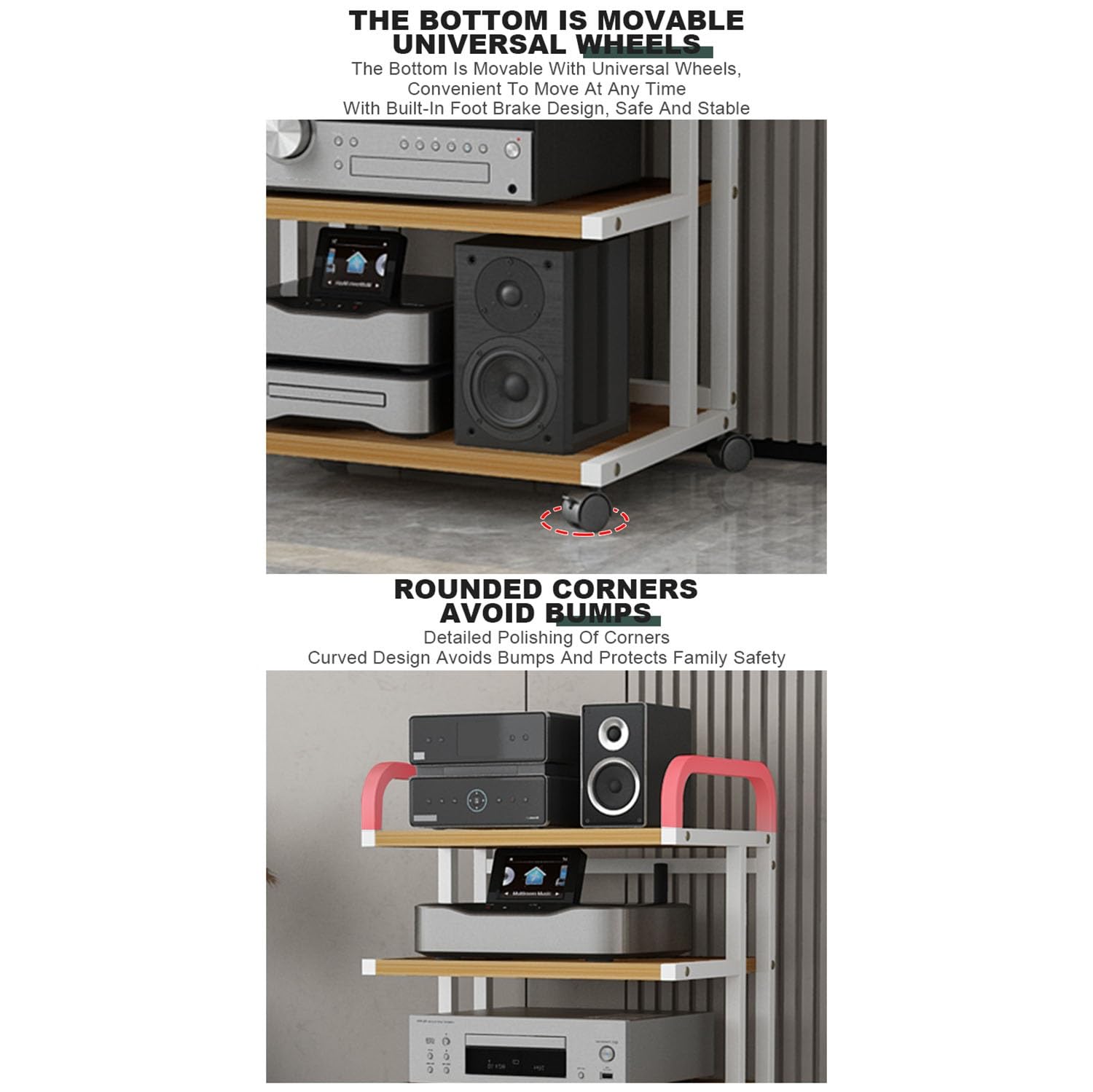 Moderno estante para juegos con ruedas, soporte de esquina para DVD, torre AV, para consolas de juegos, reproductores de DVD y routers WiFi, elegante acabado de madera, 50 x 40 x 85,5 cm