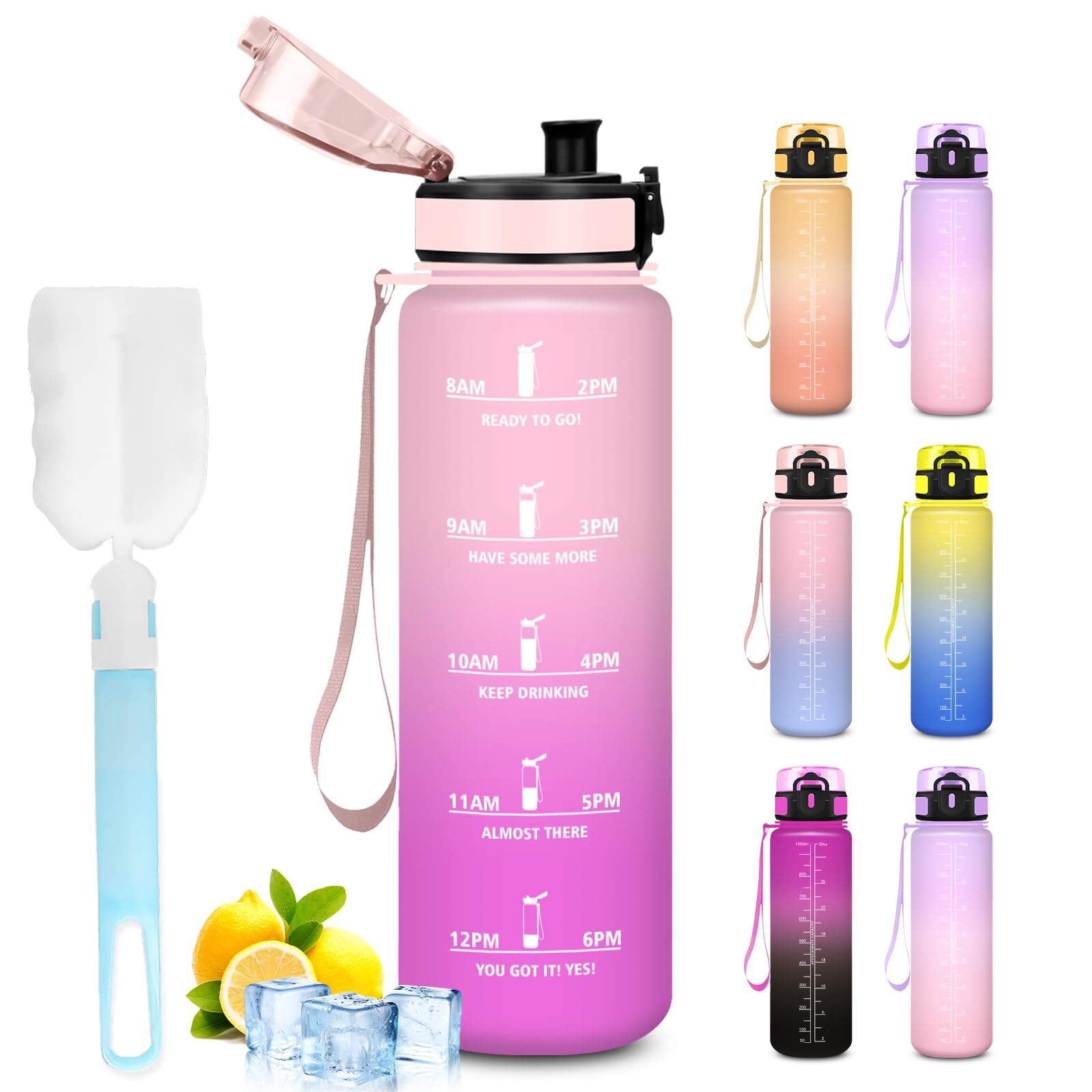Mujigaga 1 Litre Water Bottle Gym Leakless Motivational Water Bottles with Sponge Brush Sports Water Bottles Inspirational Slogan Yoga Hiking