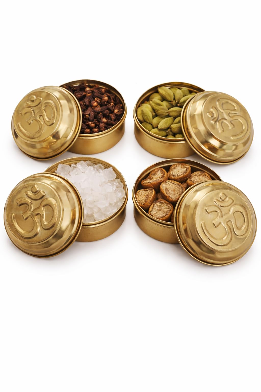 Brass Om Engraved Pooja Dibbi Set of 4 | Kumkum Haldi Sindoor Storage Box | Traditional Religious Container for Pooja & Gifting-image-42