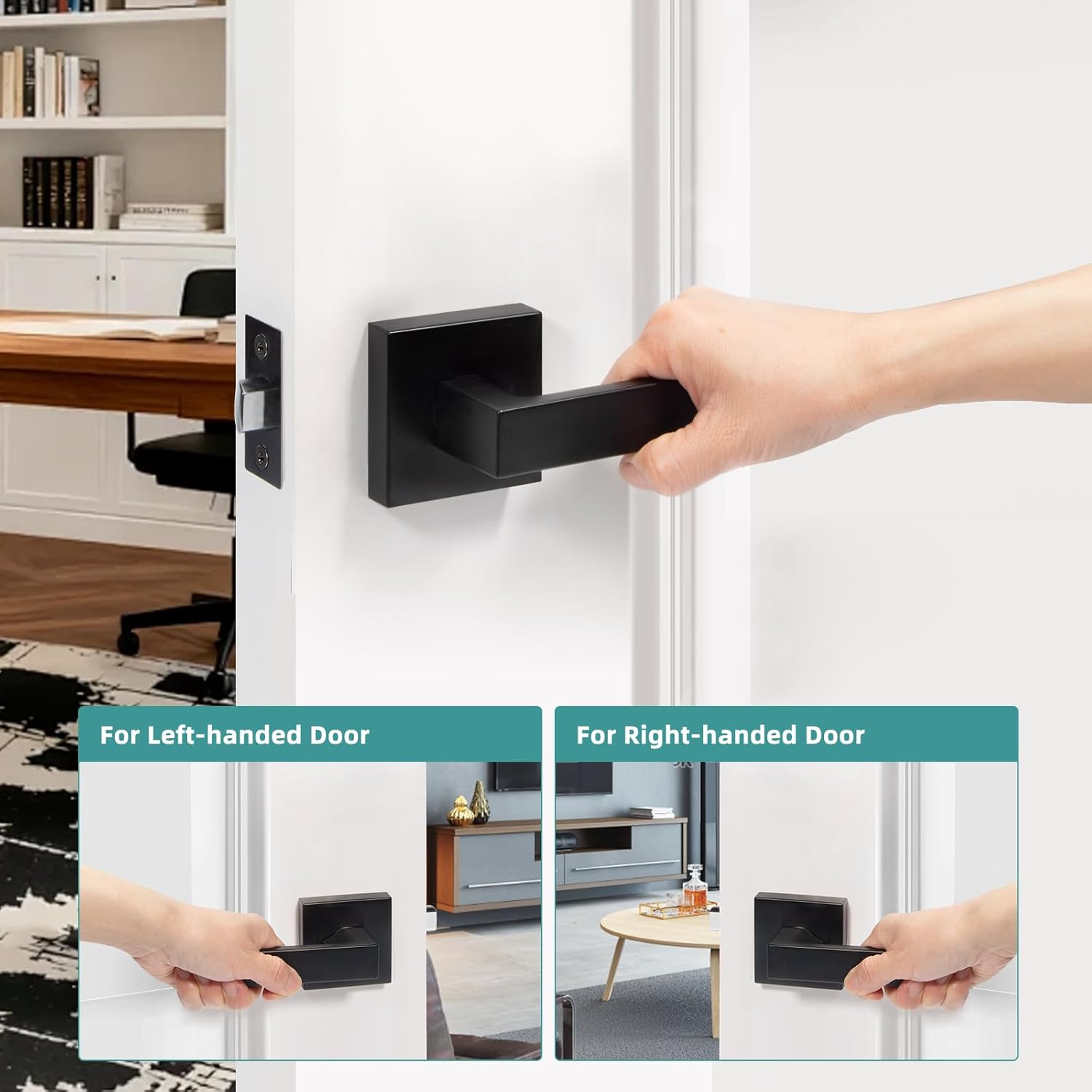 TooCust Square Passage Door Knobs, 2 Pack, Black Interior Door Handles, No Lock, Heavy Duty Closet Door Handles, Reversible for Right & Left Sided Doors