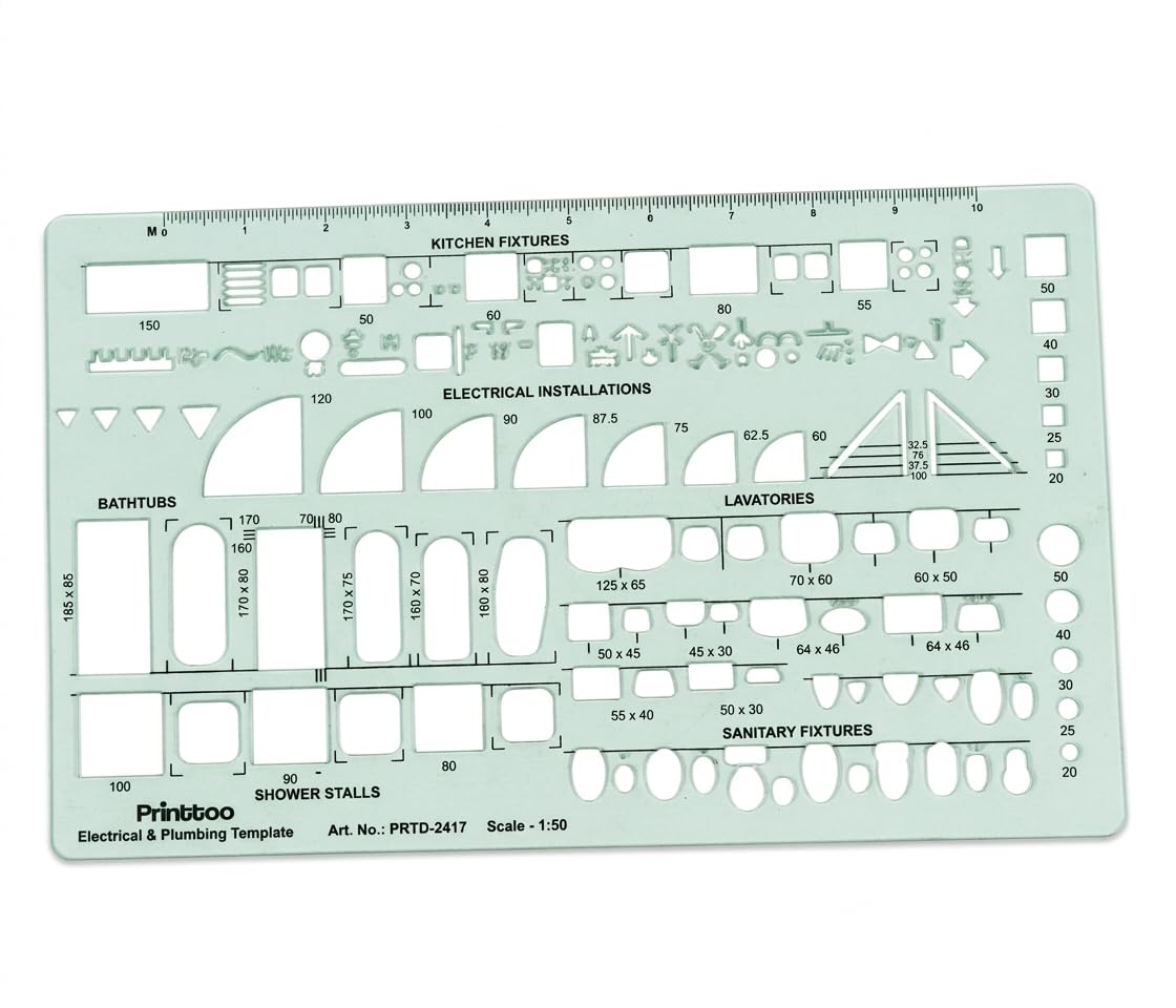 Printtoo Electrical & Plumbing Drafting Template for Floor Plan Layouts, Bathroom Fixtures, Kitchen & Wiring Symbols, Transparent Scale 1:50 Stencil Ruler of 2mm for Architects, Designers and Students