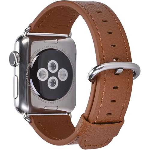 Leather Band Compatible with Apple Watch 38mm 40mm 41mm 42mm 44mm 45mm Women Men Strap for iWatch SE Series 7 6 5 4 3 2 1(Light Brown with Silver Clasp, 42mm/44mm/45mm S/M)