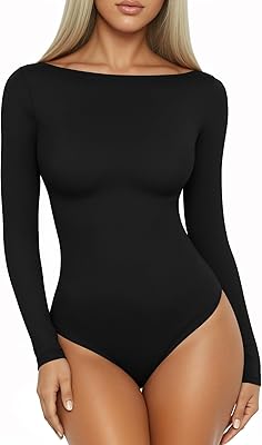 MANGOPOP Women's Boat Neck Long Sleeve Bodysuit Basic Thong Body Suit Fall Going Out Tops 2025