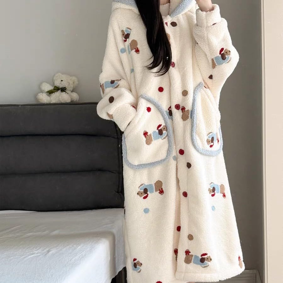 Cute Dachshund Cartoon Plush Hooded Robe, White, Fleece, Long Length, Cartoon Print, Front Pockets, Striped Ear Hood