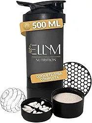 Coqueteleira Shakeira Garrafinha Copo Academia Com Porta Comprimido e Whey 500ml Preta Ellym Nutrition 15x8x8