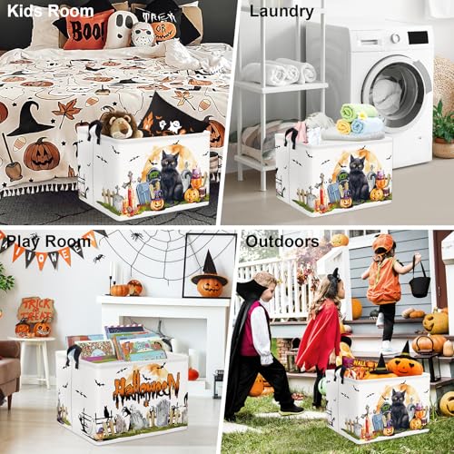 Image of Clastyle Large Spooky Halloween Baby Gift Basket Stuffers Boy Girl Pumpkin Bat Graveyard Boo Nursery Bin Kid Book Toy Box Collapsible Clothes Organizer for Bedroom,Cat,40 * 30 * 30 cm