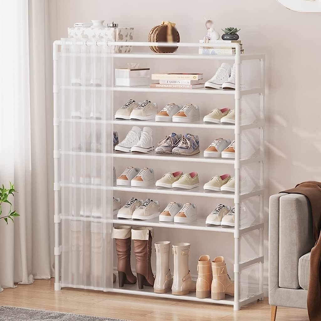 7-Tier Shoe Rack with Dustproof Cloth, Multifunctional Storage Organizer for Closet & Entryway, White, 31.4 x 11.8 x 48.2 Inches