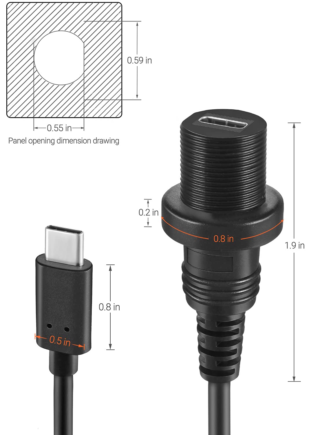 OBVIS USB Typ C 3.0 Stecker auf Buchse, Unterputzkabel, 30 cm | Wasserdichtes Kit Zubehör, Auto Armaturenbrett Mount Adapter Konverter Verlängerung Extender für Auto Boot Motorrad Motorrad