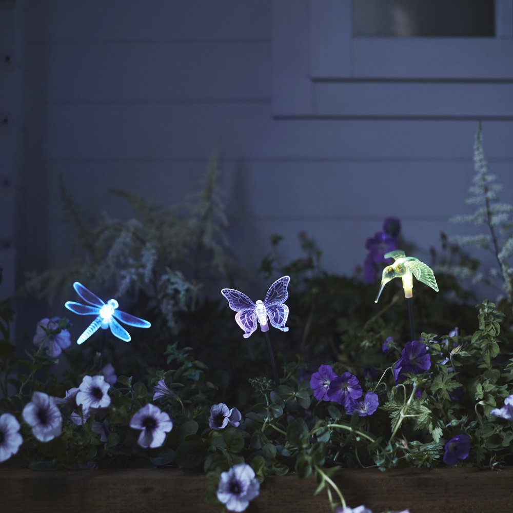 Lights4fun Lot de 6 Balises LED Solaires Libellule, Papillon & Colibri Lumineuses de Couleur Changeante