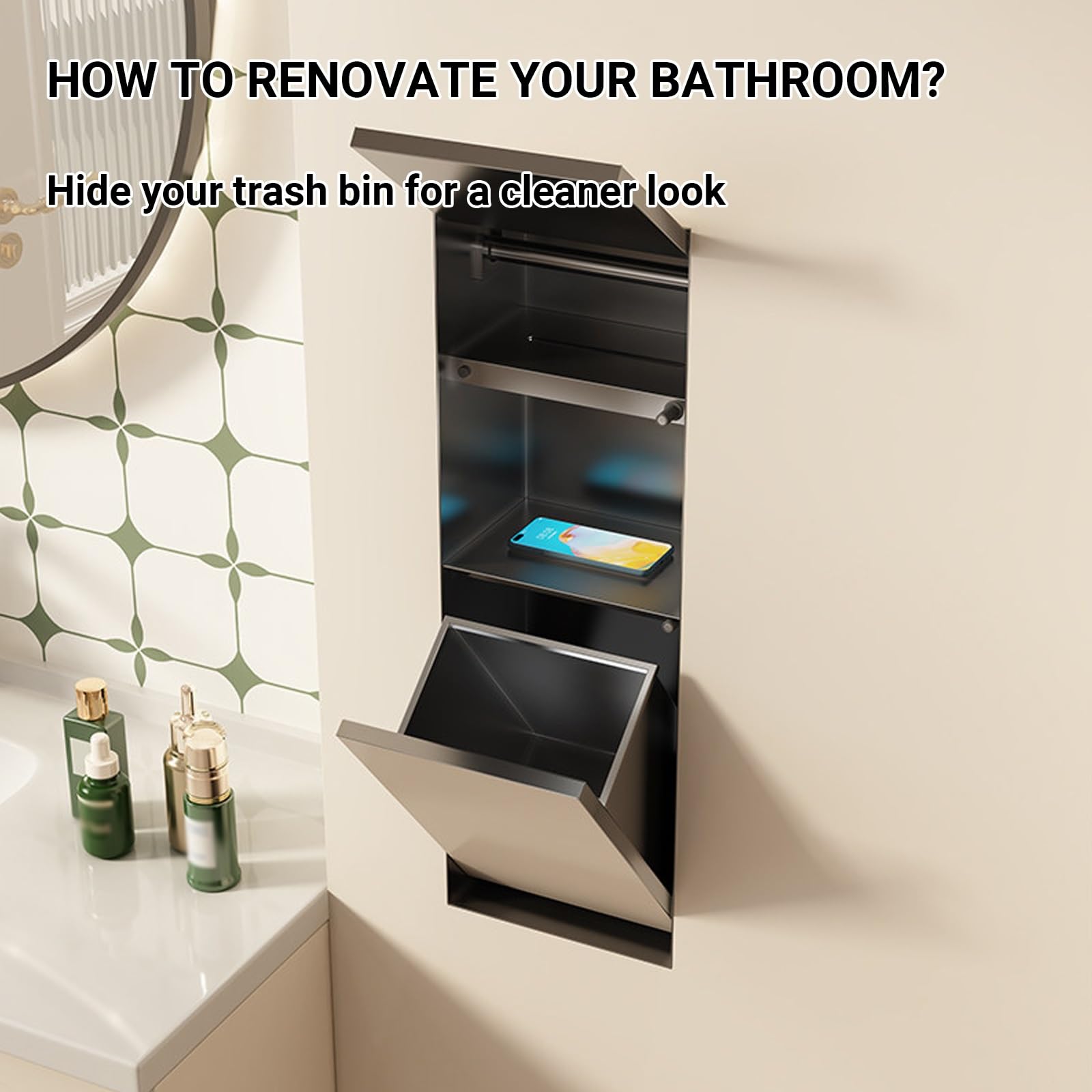 Nicho de Pared para alicatar, Portarrollos con Papelera Oculta, Mueble Empotrado de baño en Acero INOX 304, Diseño Minimalista 4-en-1
