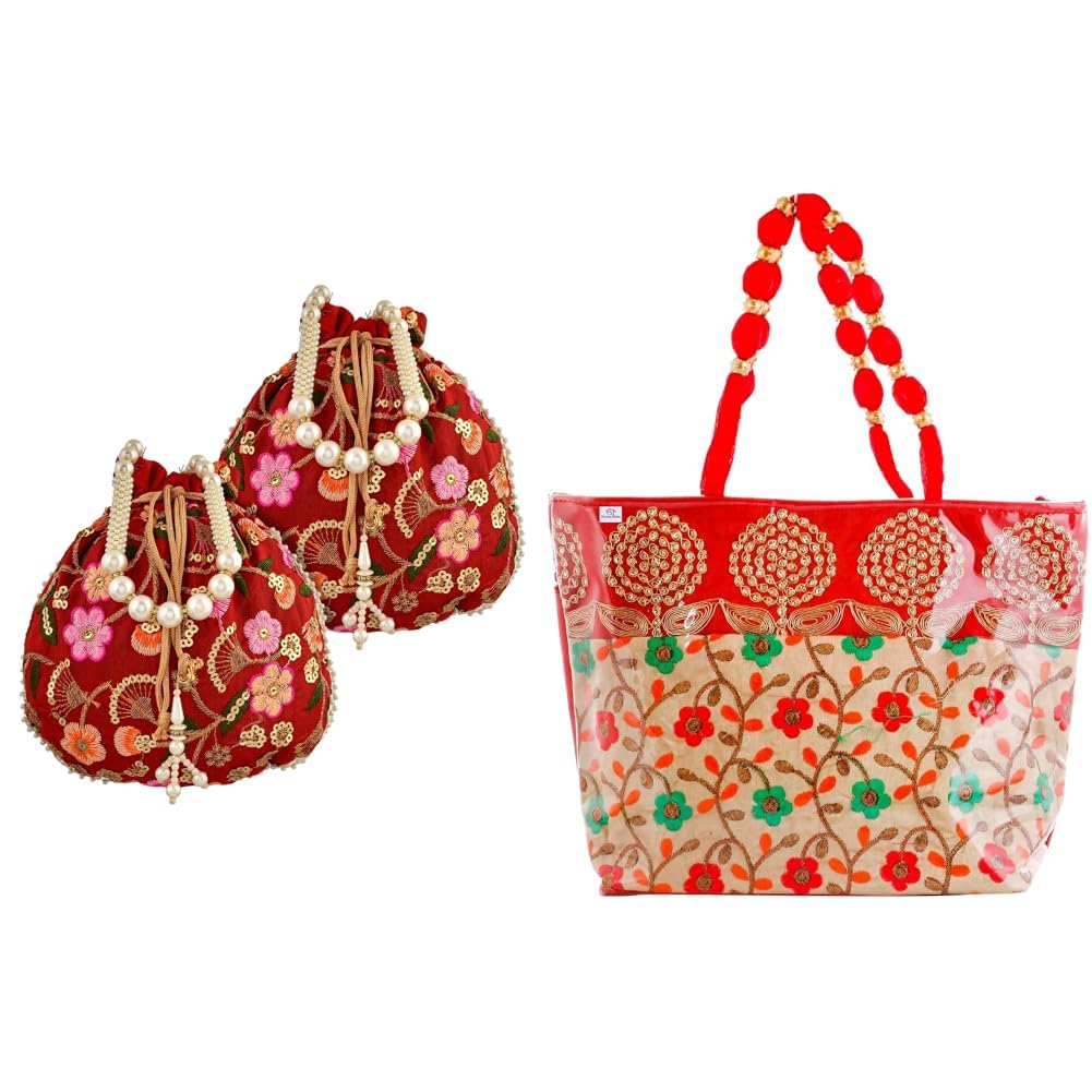 Potli|Silk Wedding Potli|Christmas Gift Potli|Baby Shower Potli|Traditional Shagun + Laminated Embroidery Hand Bag, Tote Bag, Purse for All Occasion for Women & Girls (Red)-image-32