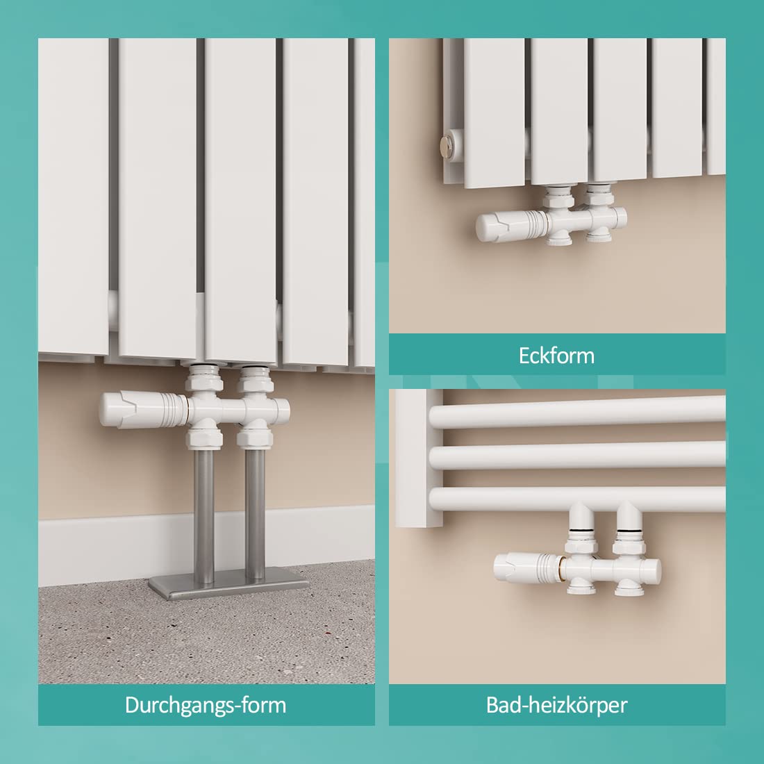EMKE Hahnblock Multiblock Heizkörper Mittelanschluss, Anschlussarmatur inkl. Thermostatkopf, Ventil-Armaturen Eck und Durchgangsform, Ventilhahnblock für Badheizkörper Weiß G1/2"