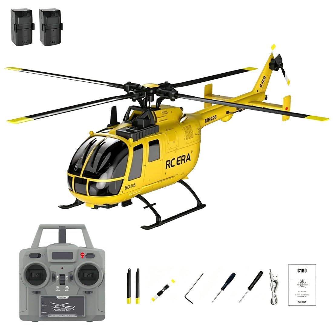 C180 BO105 6CH Remote Control Helicopter, 1:25 Scale 2.4G 6-Axis Gyro Brushless Motor RC Helicopter with Barometric + TOF Radar Dual Altitude Hold & Optical Flow Positioning - Yellow/2 Battery
