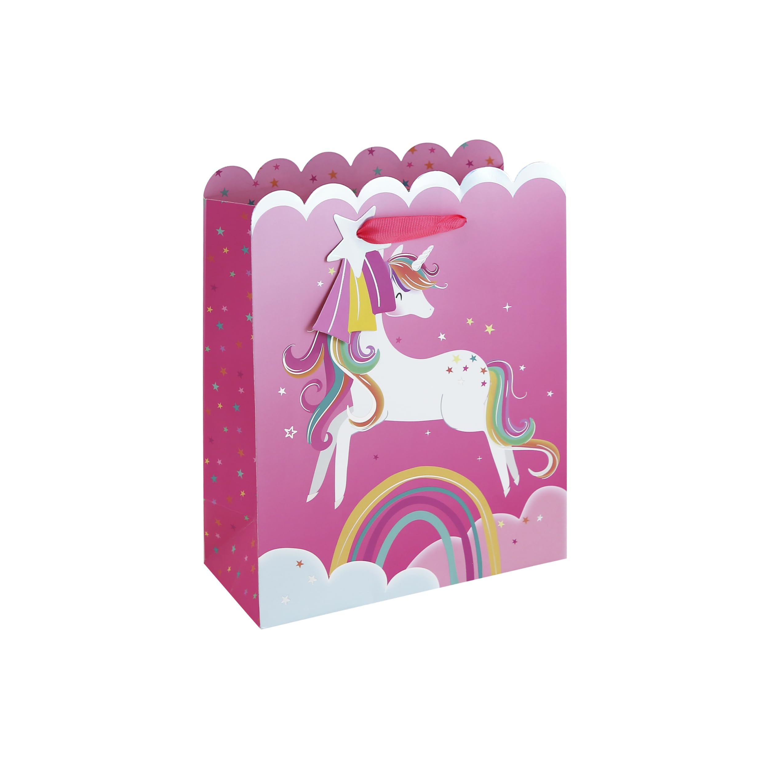 Eurowrap Unicorn Medium Gift Bags Pack of 6 – Pink Present Bags with Rainbow Unicorn, Cloud & Star Design, Holographic Foil Finish & Ribbon Handles – Birthday & Celebration Gift Packaging for Girls