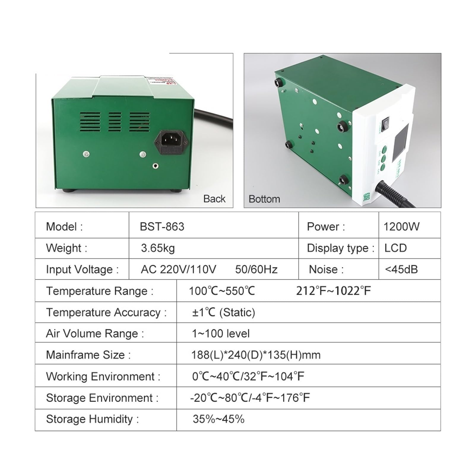 Stacja lutownicza, BST-863 Bezołowiowa Stacja Lutownicza Na Gorące Powietrze Ekran Dotykowy LCD 1200 W Do Procesora Telefonu PCB Stojak Na Wiatrak, Stacja Lutownicza Na Gorące Powietrze