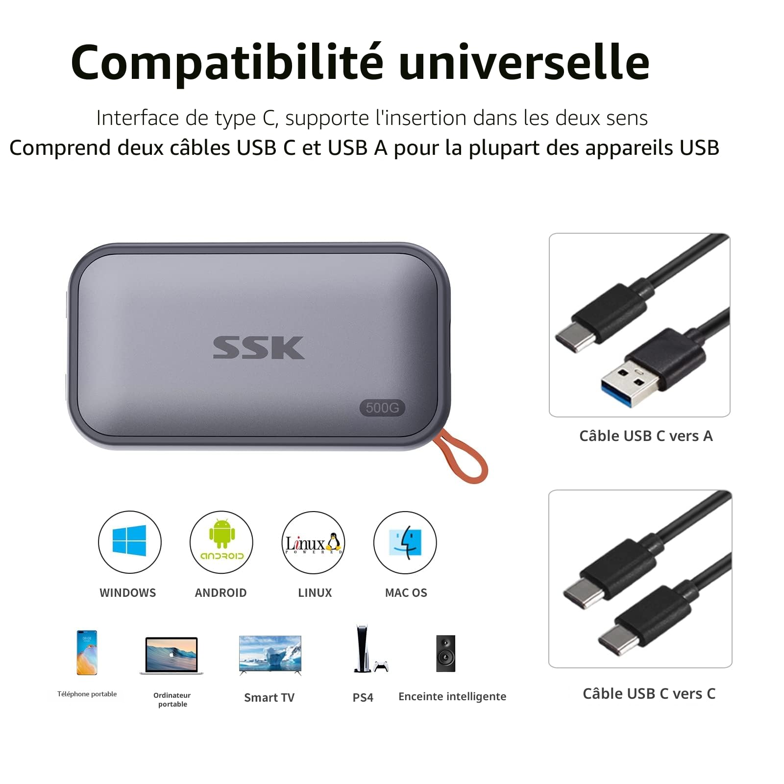 SSK 500 Go SSD Externe USB-C 3.2 Gen2 1050Mo/s Lecture Portable pour iPhone 15/16/Pro, PS5, Xbox, MacBook