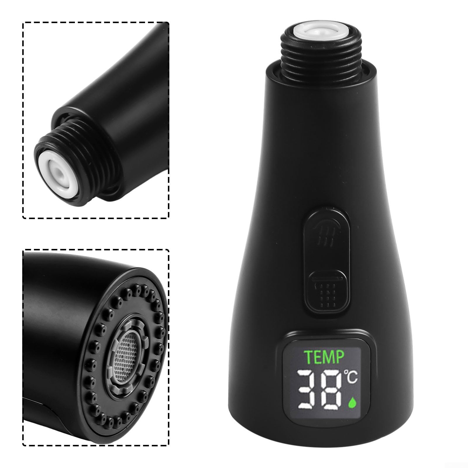 Pomme de douche de rechange pour robinet de cuisine, écran numérique LED, pommeau de douche de rechange ou pommeau de rechange pour robinet mitigeur d'évier de cuisine (noir)