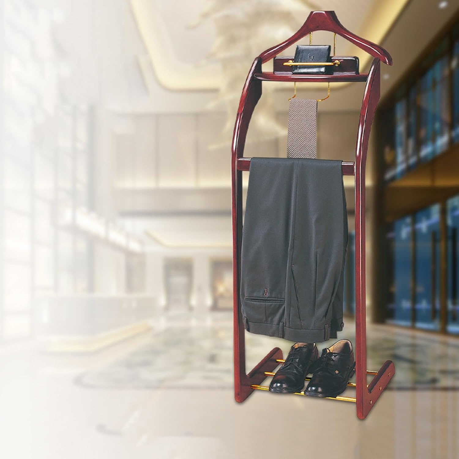 Floor-Standing Solid Wood Rotating Coat Rack，Men's Solid Wood Valet Stand - Floor Clothes Hanger with Contour Top, Trouser Bar, Tie & Belt Hooks, Shoe Rack, Standing Suit Rack for Stylish Or