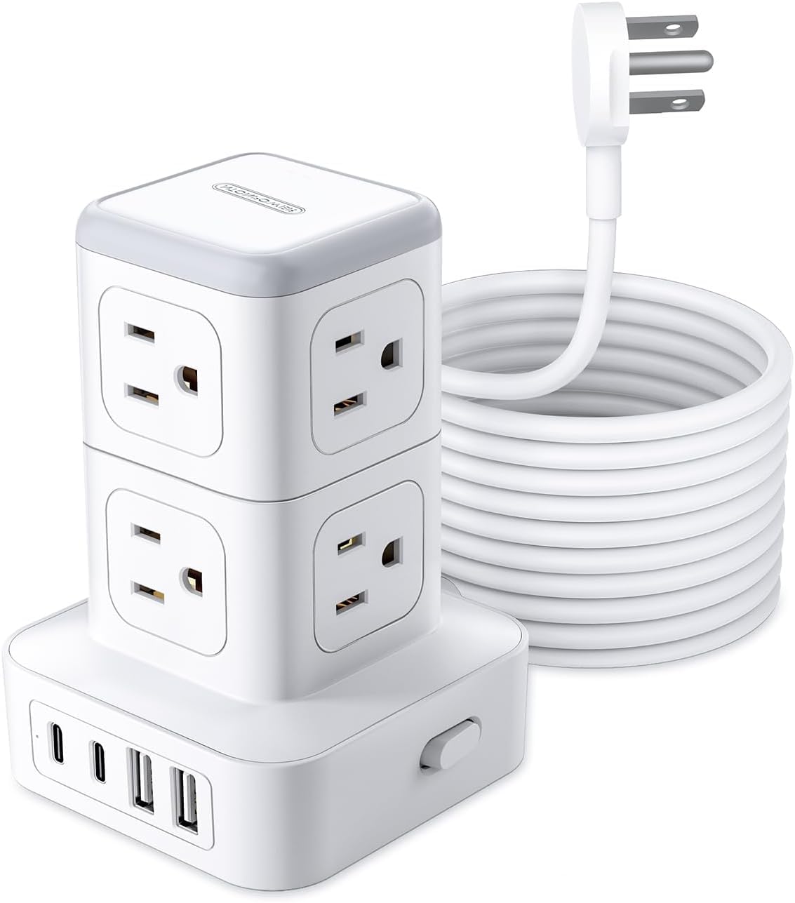 Tower Power Strip 10 FT, NTONPOWER Desk Mountable Charging Station, 8 AC Outlets with 4 USB Ports (2 USB C), for Home Office Dorm, White