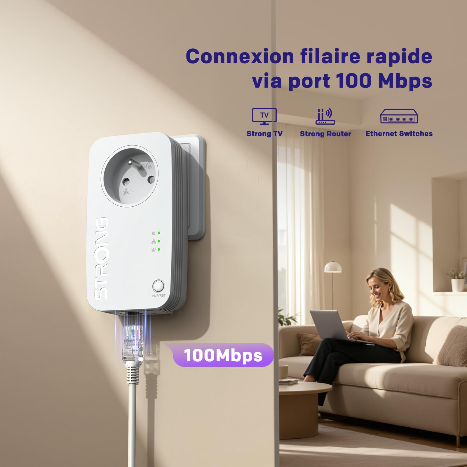 STRONG CPL AV600 Mbps, Prise Intégrée, Box CPL HomePlug AV2, Plug & Play, Compatible avec Toutes Les Box, Port Ethernet 100 Mbps, Mode économie d’énergie, Idéal pour Multi-TV, PC, Kit de 2 (PL600S)