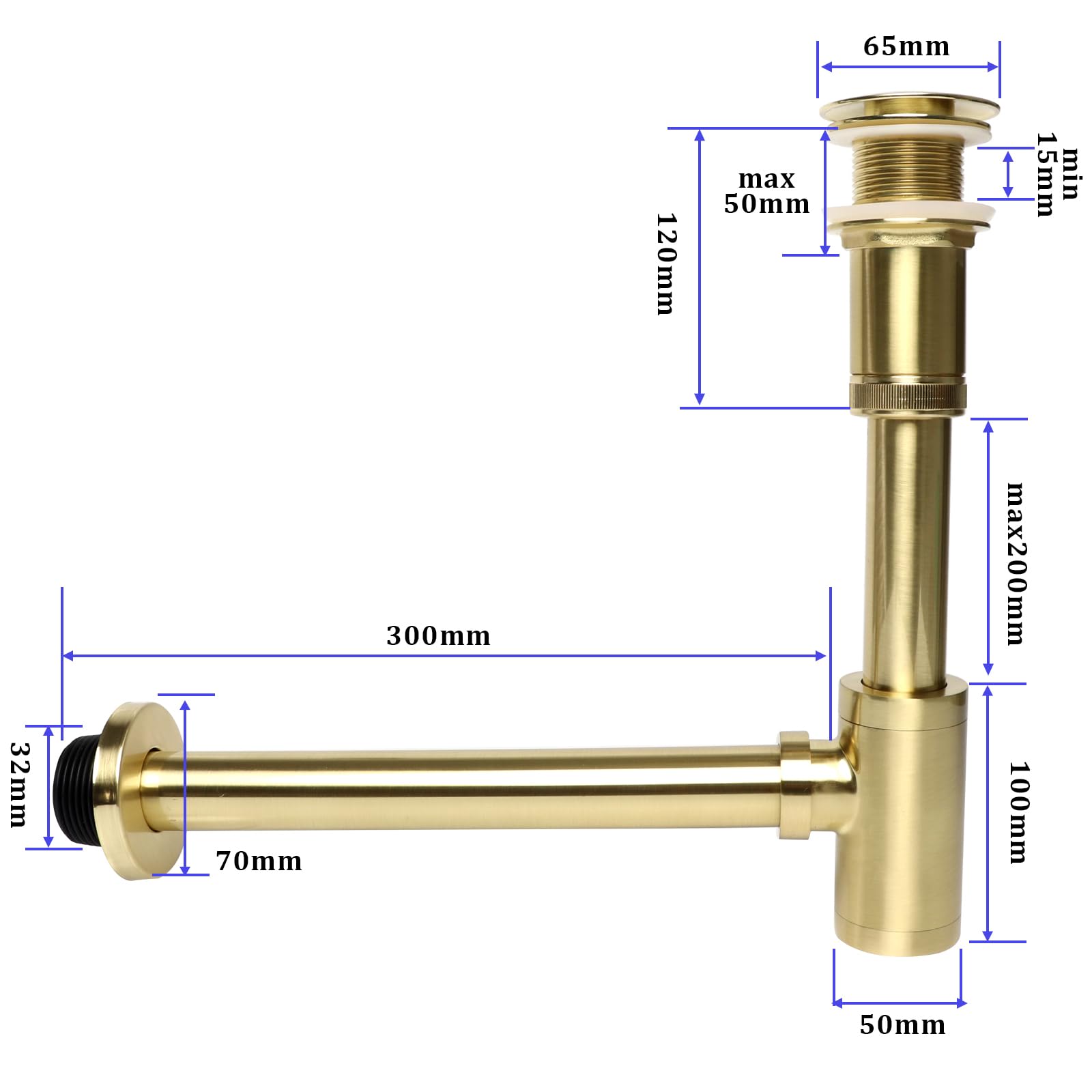 Design Siphon pour lavabo avec garniture de vidage, vanne pop-up sans trop-plein, siphon universel en laiton, piège à odeur pour salle de bain avec joints d'étanchéité, ouverture de nettoyage (Or