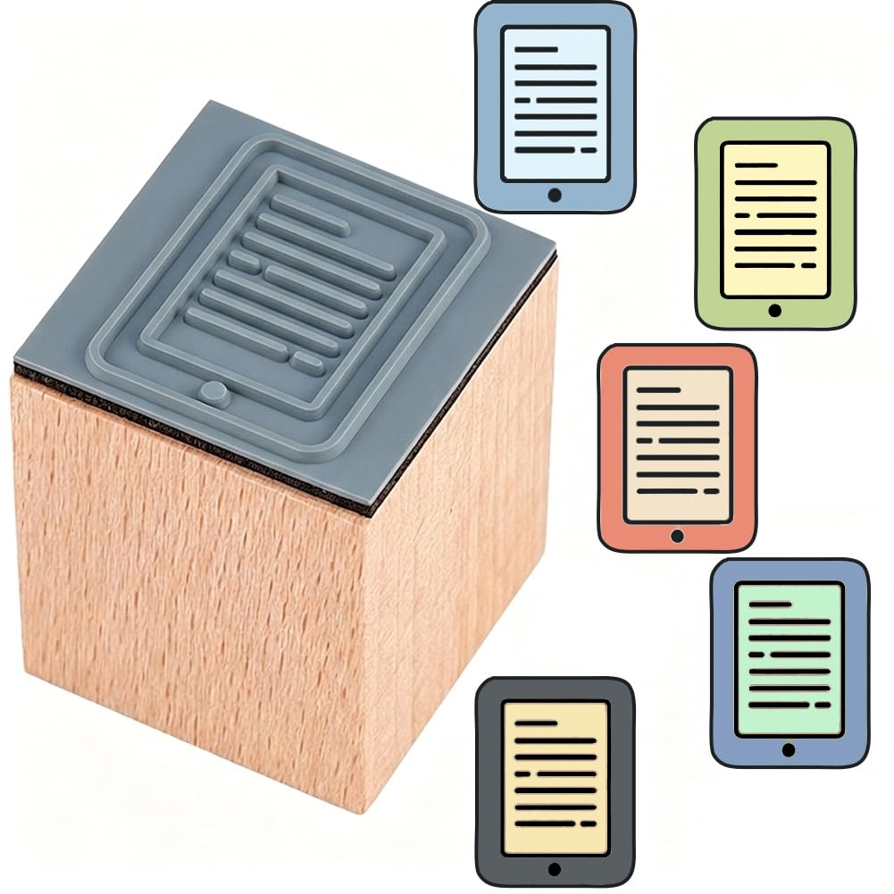 PRESSINART Mini Wooden Stamps 1 Inch Reading Rubber Stamp for Planner Cute Electronic Reader Pattern Square Small Reusable Seal for DIY Craft Scrapbooking Journaling Card Envelope Photo Decoration